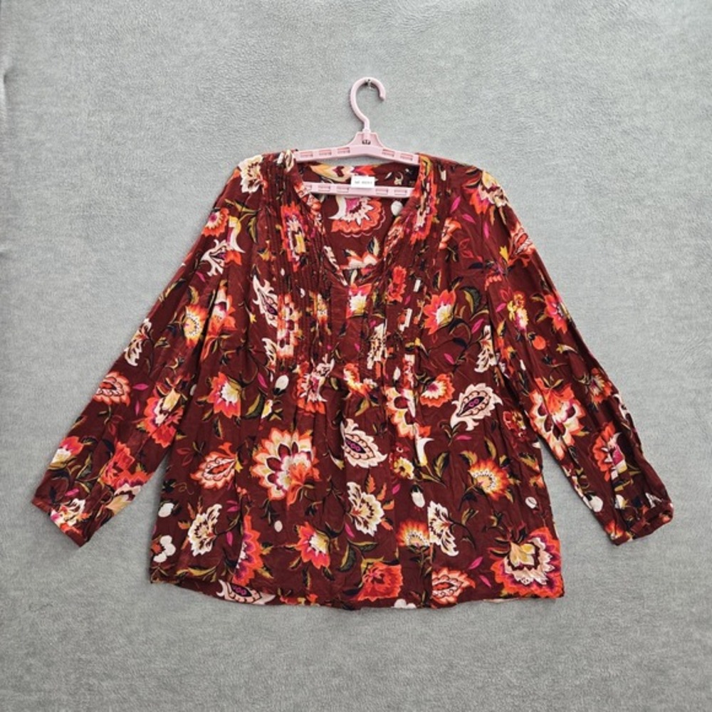 Old Navy‎ Women Blouse XL Red Floral Pleated V-Neck Pullover Peasant Viscose